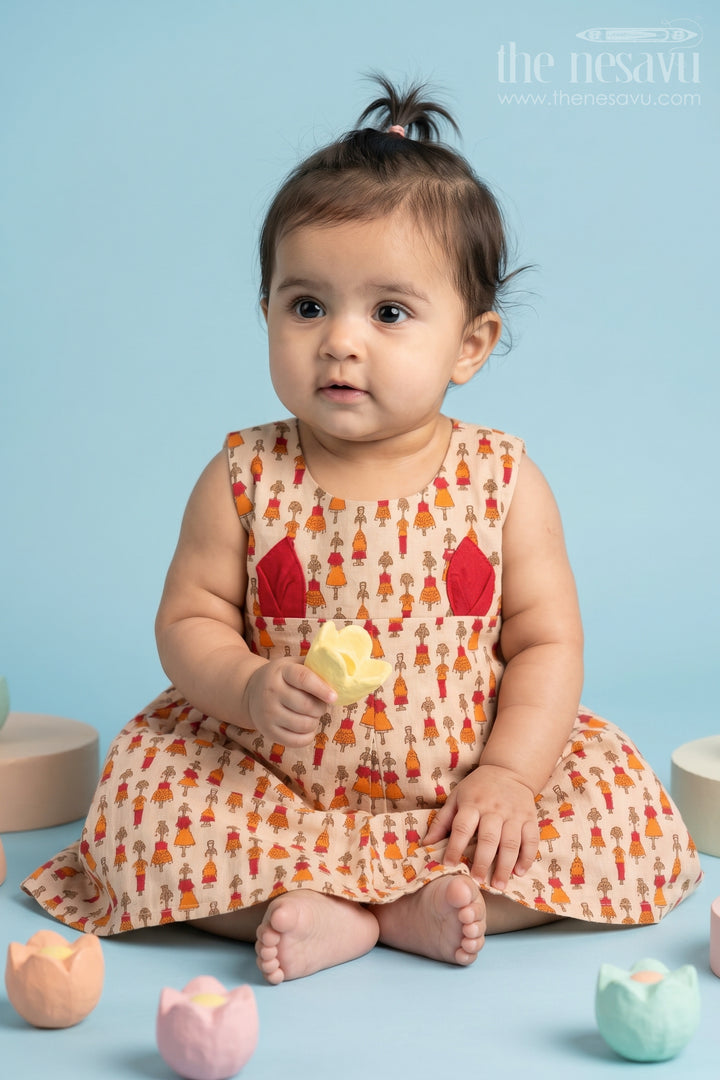The Nesavu Baby Cotton Frocks Orange Marapachi Doll Cotton Baby Frock with Rabbit Ear Details Nesavu 12 (3M) / Beige BFJ616B-12 Orange Marapachi Doll Cotton Baby Frock with Rabbit Ear Details Nesavu
