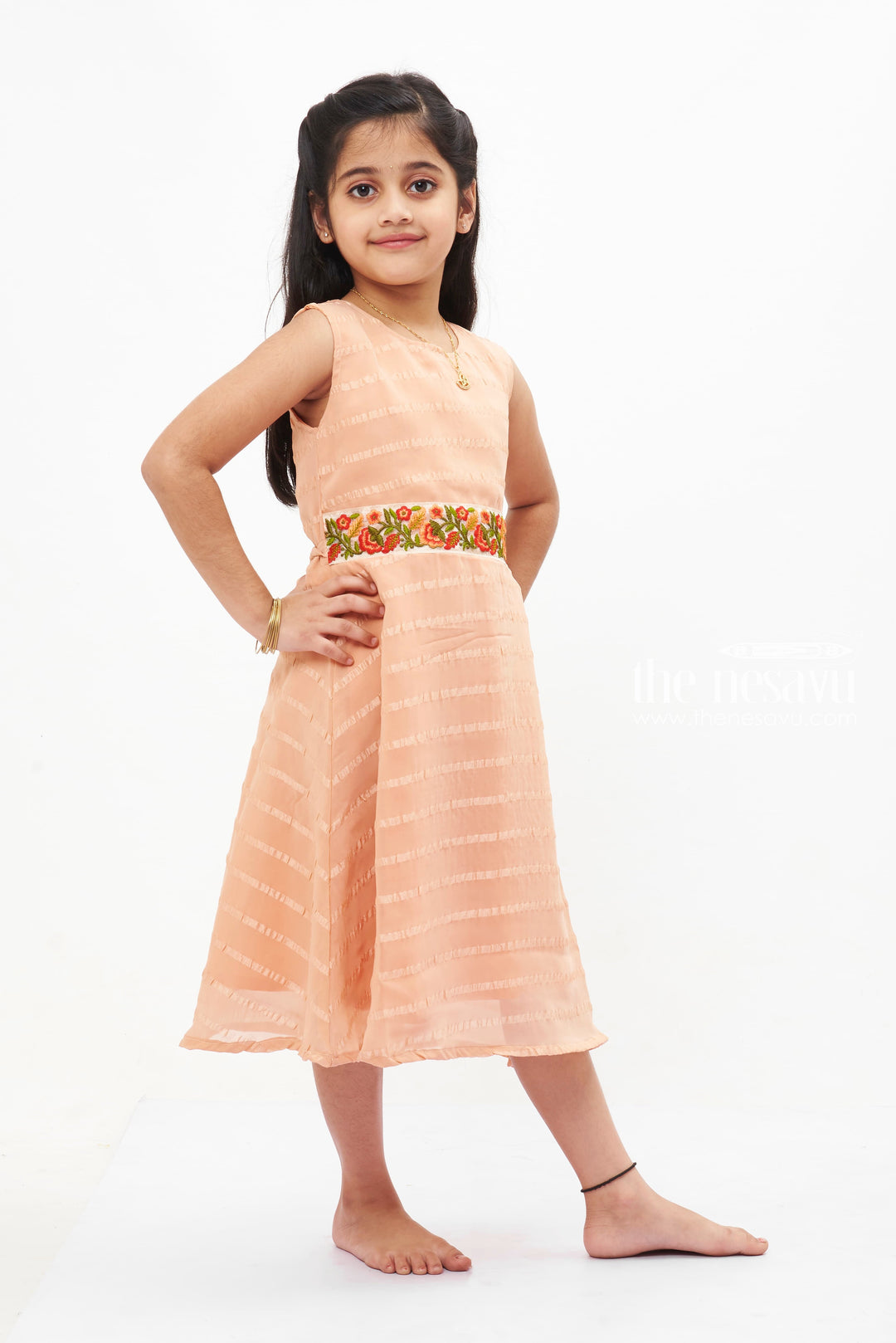 The Nesavu Girls Fancy Frock Orange Perfection Fancy Frock: Delicate Embroidery and Soft Stripes for Girls Nesavu Girls Orange Cotton Embroidered Frock | Elegant Party Wear for Kids | The Nesavu