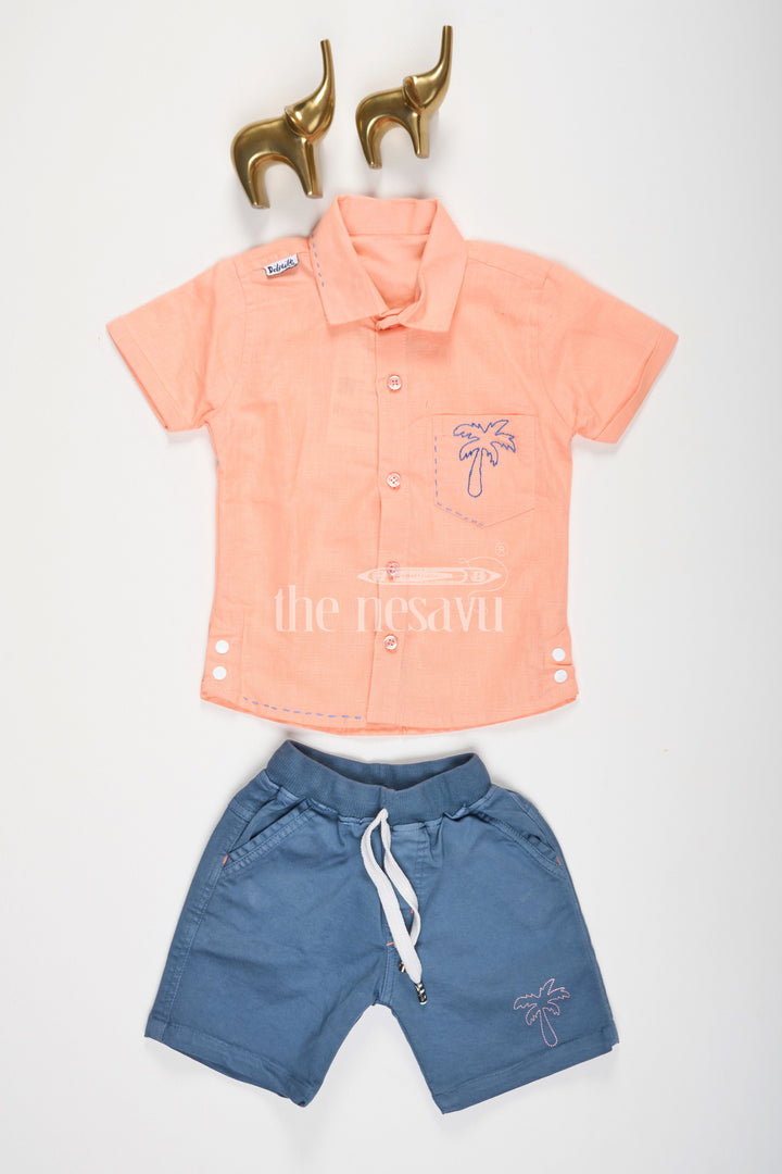 The Nesavu Boys Casual Set Orange Plain Half Sleeve Shirt and Navy Shorts Set for Boys Nesavu Orange Half Sleeve Shirt and Navy Shorts Set for Boys - Nesavu