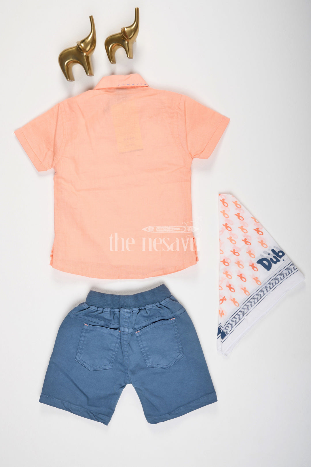 The Nesavu Boys Casual Set Orange Plain Half Sleeve Shirt and Navy Shorts Set for Boys Nesavu Orange Half Sleeve Shirt and Navy Shorts Set for Boys - Nesavu