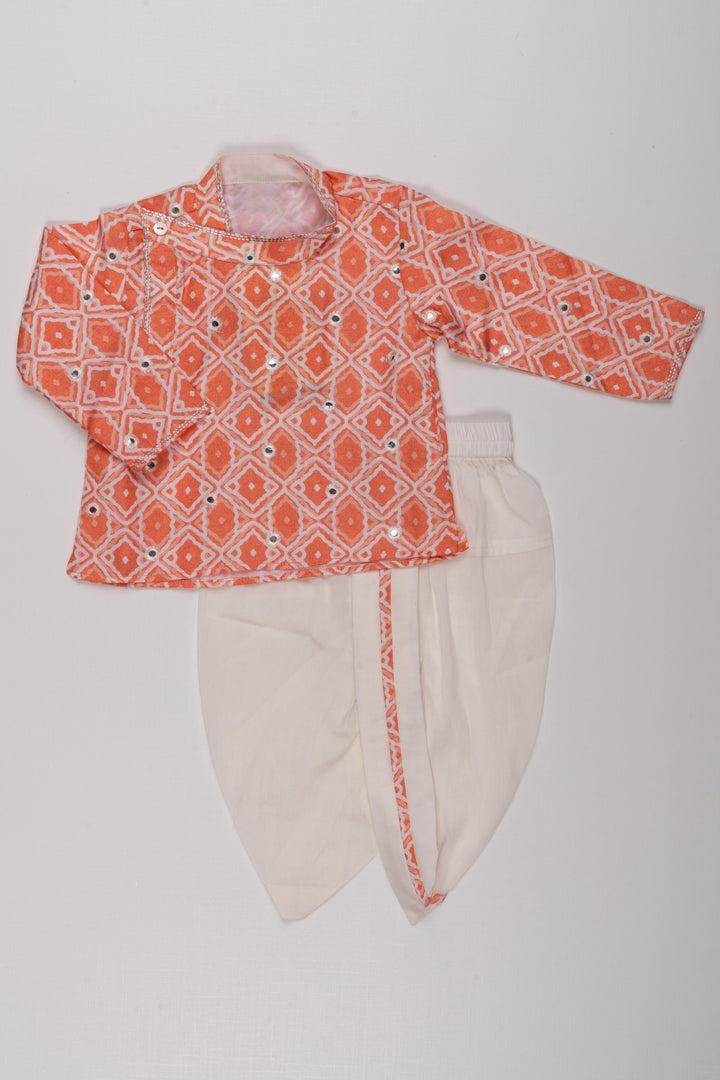 The Nesavu Boys Dothi Set Orange Radiance: Mirror-Embroidered Geometric Printed Kurta & Panjagacham Set for Boys Nesavu 12 (3M) / Orange / Silk Blend BES399A-12 Classic Boys Kurta and Dhoti Combo | Timeless Panchagajam Styles | The Nesavu