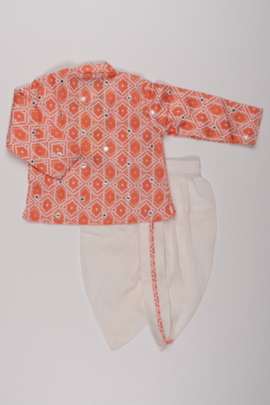 The Nesavu Boys Dothi Set Orange Radiance: Mirror-Embroidered Geometric Printed Kurta & Panjagacham Set for Boys Nesavu Classic Boys Kurta and Dhoti Combo | Timeless Panchagajam Styles | The Nesavu