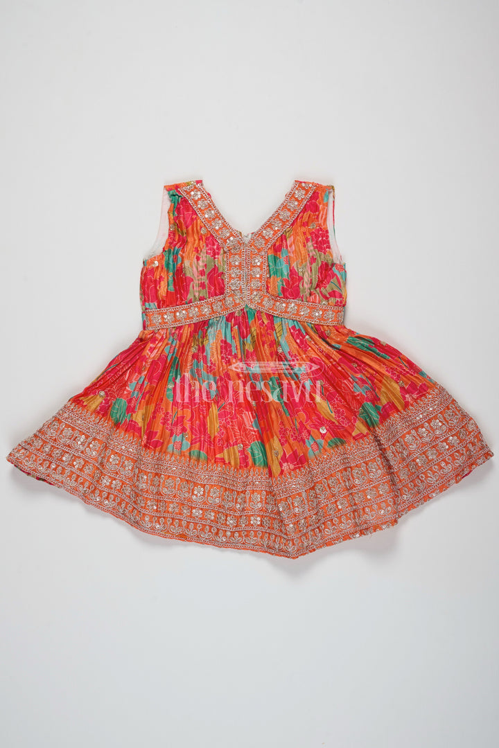 The Nesavu Silk Party Frock Orange Silk Party Frock for Girls – Traditional Pattu Dress with Floral Prints and Sequins Nesavu 16 (1Y) / Orange SF937A-16 Orange Pattu Party Frock Girls Traditional Floral Silk Dress Sequins Nesavu