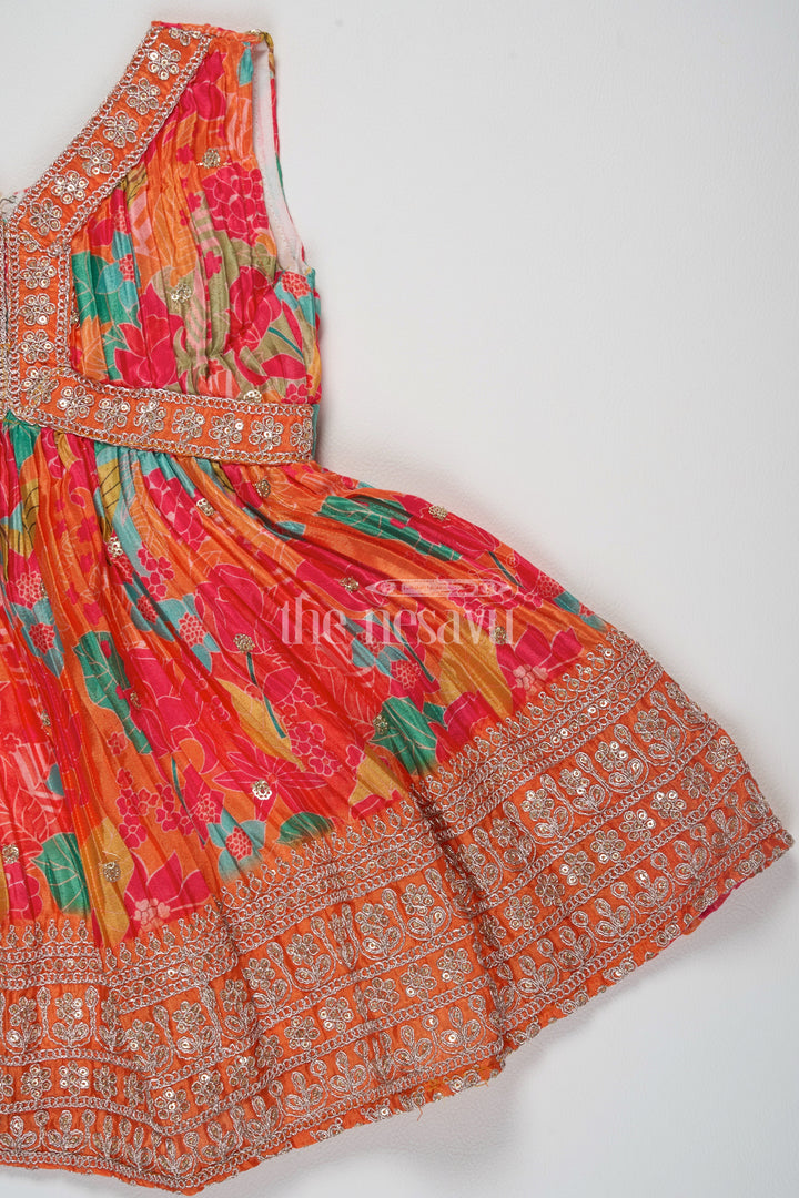 The Nesavu Silk Party Frock Orange Silk Party Frock for Girls – Traditional Pattu Dress with Floral Prints and Sequins Nesavu Orange Pattu Party Frock Girls Traditional Floral Silk Dress Sequins Nesavu