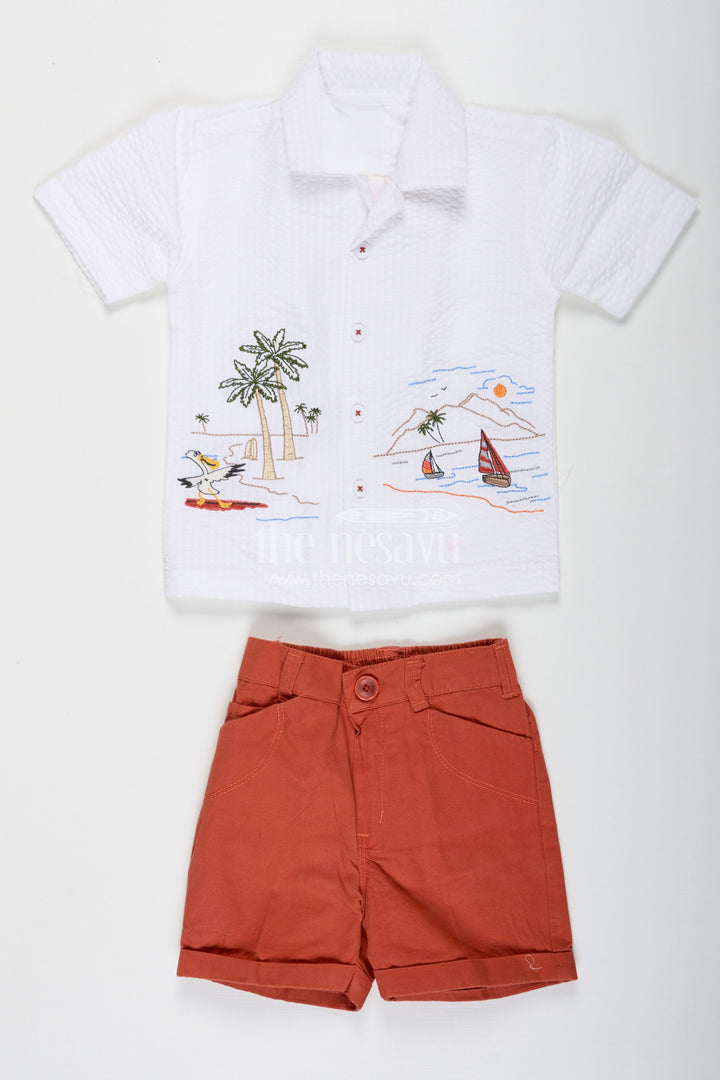 The Nesavu Boys Casual Set Orange Traditional Dress Set for Boys in Crush Cotton with Seaside Embroidery and Burnt Orange Shorts Nesavu 16 (1Y) / Orange BCS229A-16 Orange Traditional Dress Set for Boys with Coastal Embroidery Shirt and Crush Cotton Burnt Orange Shorts | The Nesavu