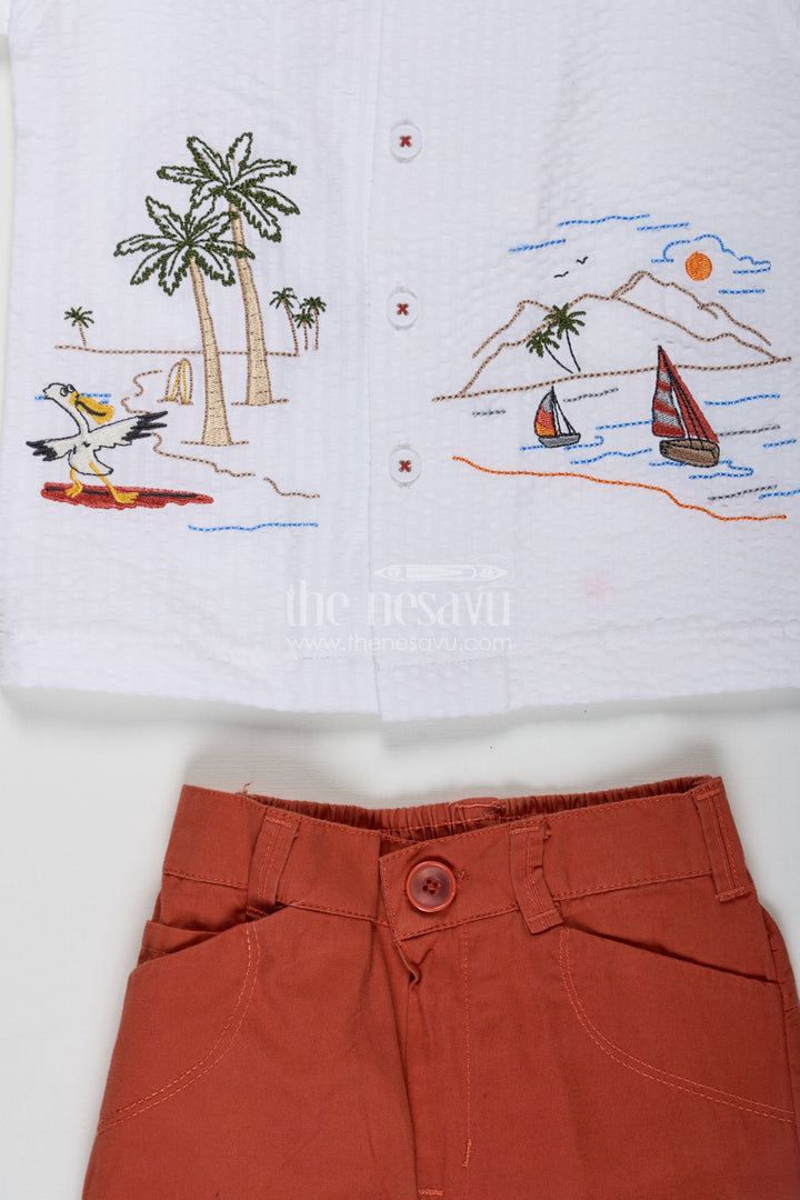 The Nesavu Boys Casual Set Orange Traditional Dress Set for Boys in Crush Cotton with Seaside Embroidery and Burnt Orange Shorts Nesavu Orange Traditional Dress Set for Boys with Coastal Embroidery Shirt and Crush Cotton Burnt Orange Shorts | The Nesavu