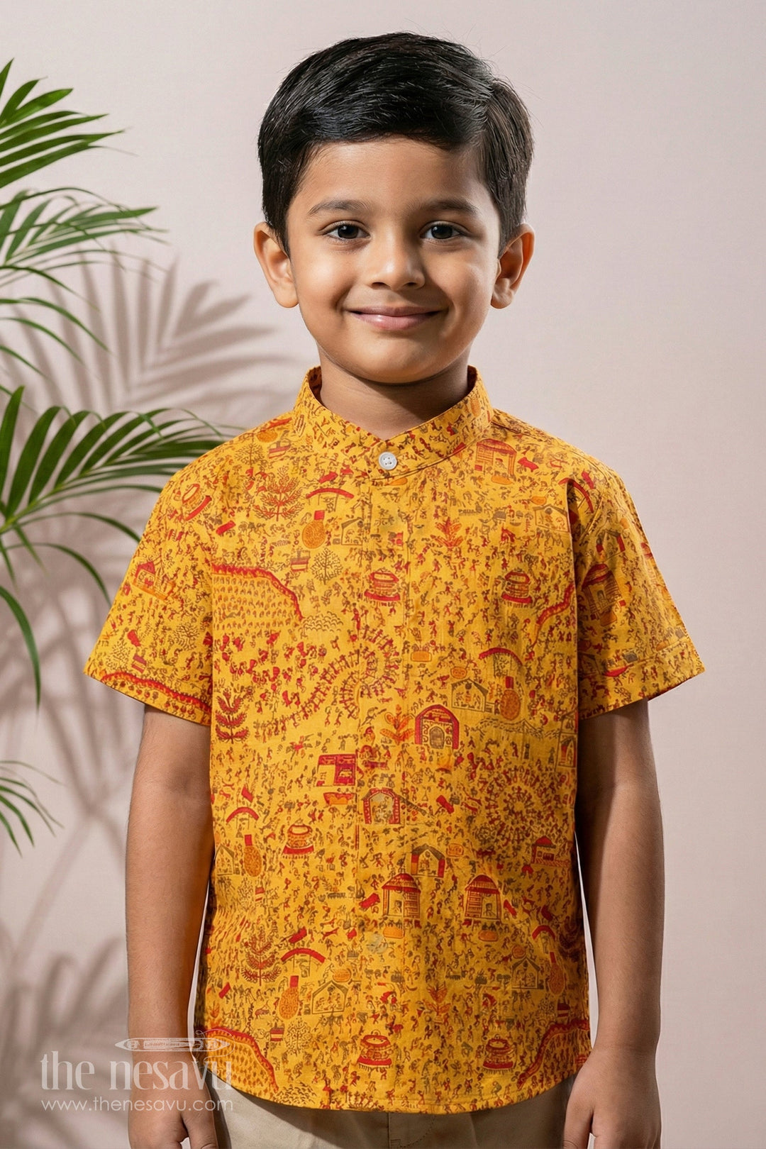The Nesavu Boys Cotton Shirt Orange Warli Print Boys Cotton Shirt with Half Sleeves Stylish and Comfortable Casual Wear Nesavu 16 (1Y) / Orange BS203A-16 Orange Warli Print Boys Cotton Shirt Nesavu Half Sleeves Comfortable Cultural Wear