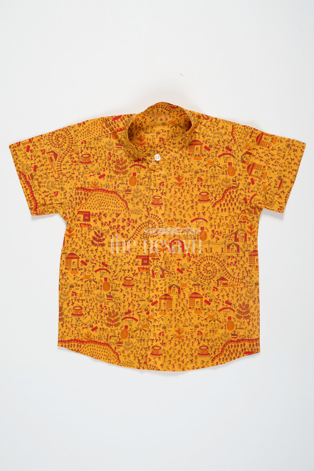 The Nesavu Boys Cotton Shirt Orange Warli Print Boys Cotton Shirt with Half Sleeves Stylish and Comfortable Casual Wear Nesavu 16 (1Y) / Orange BS203A-16 Orange Warli Print Boys Cotton Shirt Nesavu Half Sleeves Comfortable Cultural Wear