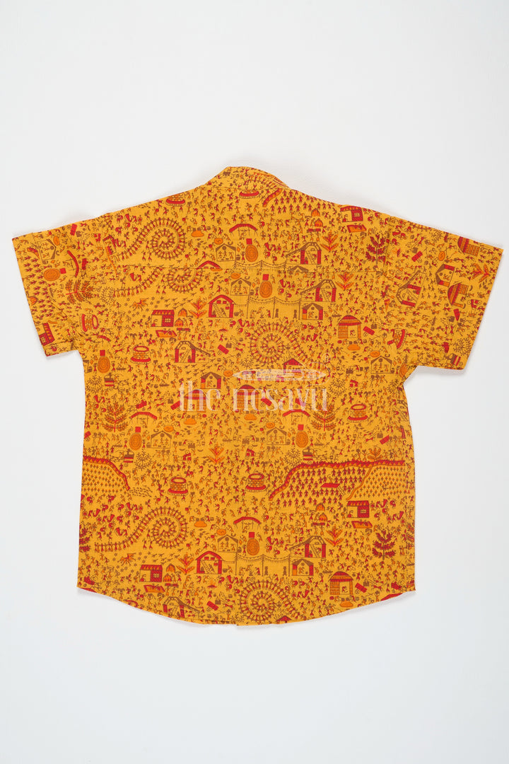 The Nesavu Boys Cotton Shirt Orange Warli Print Boys Cotton Shirt with Half Sleeves Stylish and Comfortable Casual Wear Nesavu Orange Warli Print Boys Cotton Shirt Nesavu Half Sleeves Comfortable Cultural Wear