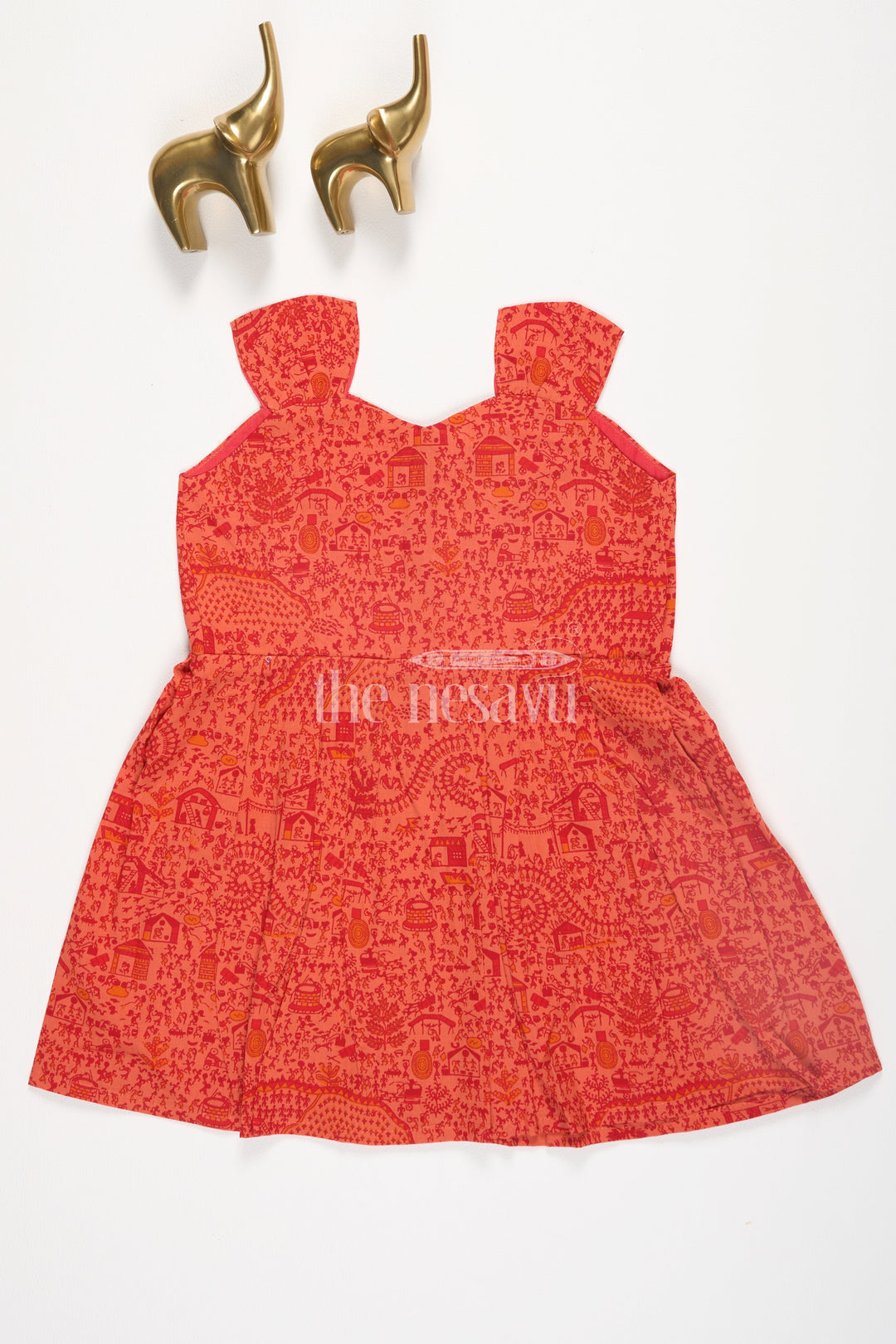 The Nesavu Baby Cotton Frocks Orange Warli SelfPrinted Cotton Baby Girl Dress with Front Button Closure Nesavu 10 (NB) / Orange BFJ613A-10 Orange Warli Self-Printed Cotton Baby Girl Dress with Front Button Closure Nesavu