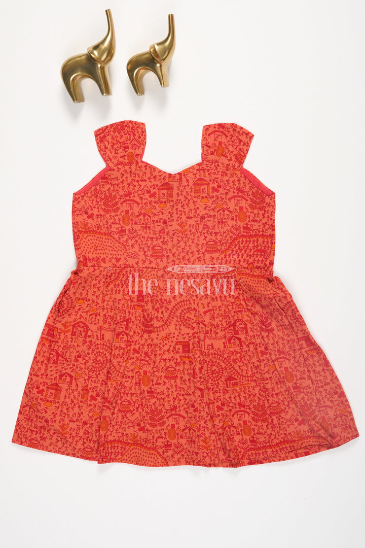 The Nesavu Baby Cotton Frocks Orange Warli SelfPrinted Cotton Baby Girl Dress with Front Button Closure Nesavu 10 (NB) / Orange BFJ613A-10 Orange Warli Self-Printed Cotton Baby Girl Dress with Front Button Closure Nesavu