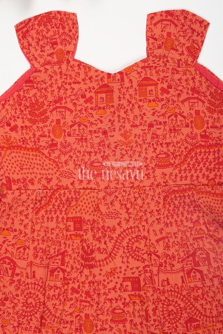 The Nesavu Baby Cotton Frocks Orange Warli SelfPrinted Cotton Baby Girl Dress with Front Button Closure Nesavu Orange Warli Self-Printed Cotton Baby Girl Dress with Front Button Closure Nesavu