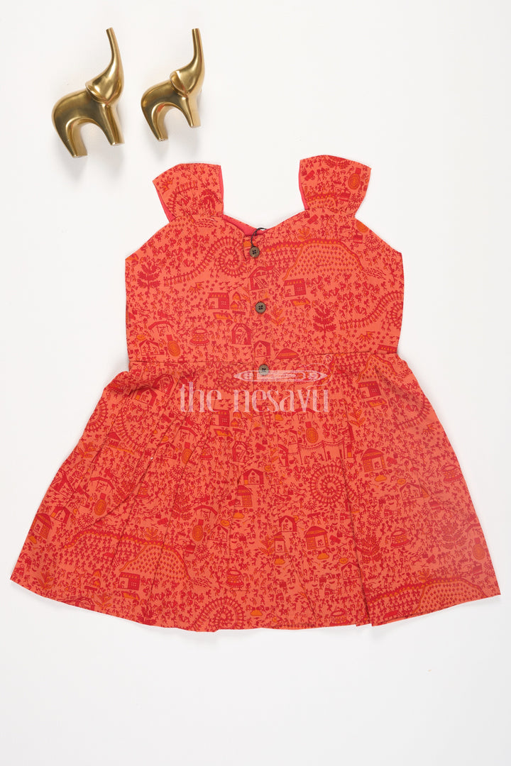 The Nesavu Baby Cotton Frocks Orange Warli SelfPrinted Cotton Baby Girl Dress with Front Button Closure Nesavu Orange Warli Self-Printed Cotton Baby Girl Dress with Front Button Closure Nesavu