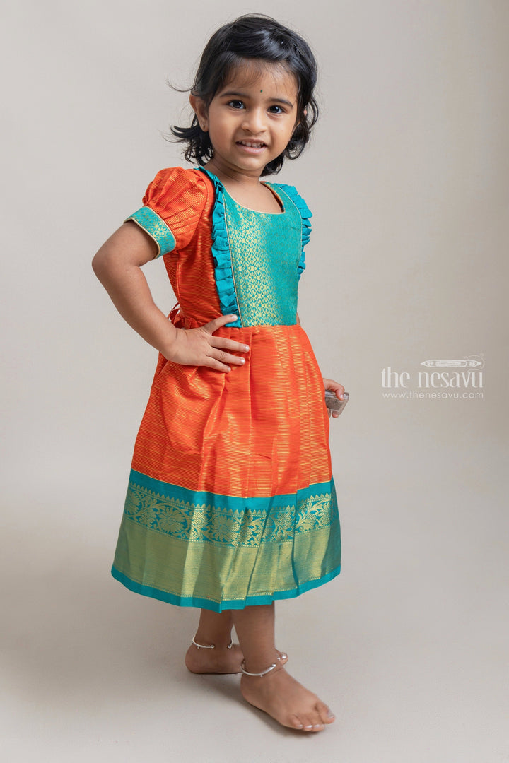 The Nesavu Girls Kanchi Silk Frock Orange With Blue Kanchi Silk Korva Border Pattu Frock For Baby Girls Nesavu 14 (6M) / Orange SF432A-14 Buy Silk Dresses For Girls | Kids Festive Wear Collection Online | The Nesavu