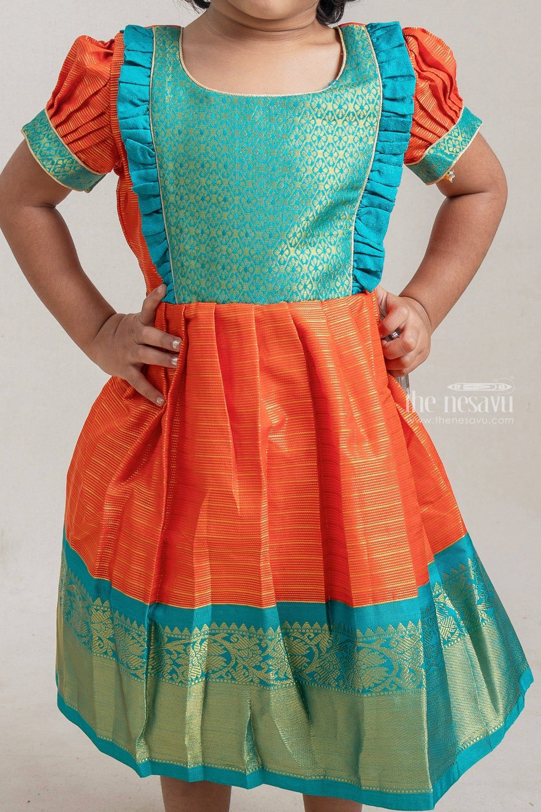 The Nesavu Girls Kanchi Silk Frock Orange With Blue Kanchi Silk Korva Border Pattu Frock For Baby Girls Nesavu Buy Silk Dresses For Girls | Kids Festive Wear Collection Online | The Nesavu