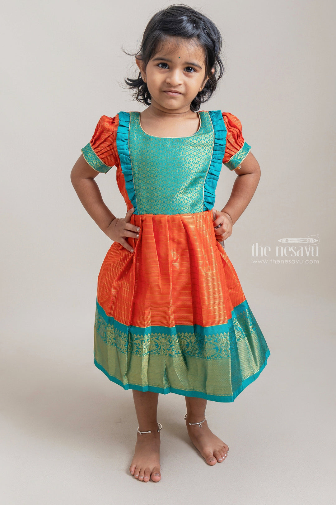 The Nesavu Girls Kanchi Silk Frock Orange With Blue Kanchi Silk Korva Border Pattu Frock For Baby Girls Nesavu Buy Silk Dresses For Girls | Kids Festive Wear Collection Online | The Nesavu