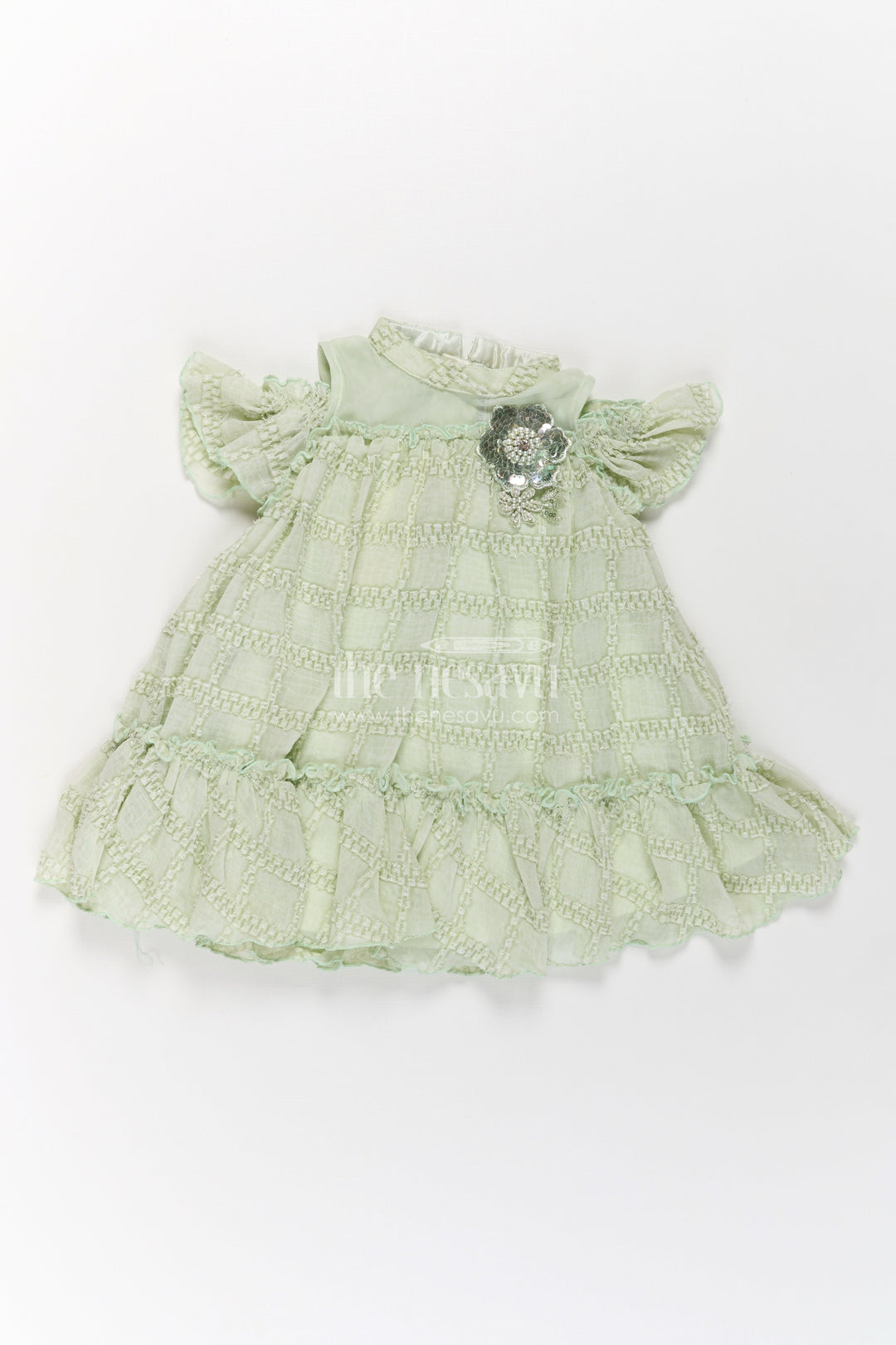The Nesavu Girls Fancy Frock Organza Dress Frock for Girls in Light Green with Ruffle Hem and Floral Brooch Detail Nesavu 16 (1Y) / Green GFC1783A-16 Organza Dress Frock Girls Light Green Ruffles Embellished Floral Brooch | The Nesavu