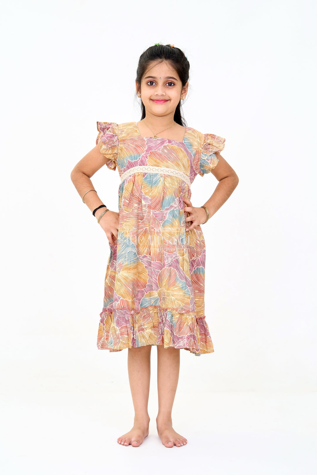 The Nesavu Girls Cotton Frock Organza Frock for Girls in Multicolor Leaf Pattern with Flared Design Nesavu 16 (1Y) / Multicolor GFC1588A-16 Multicolor Leaf Pattern Organza Frock Girls Ruffle Hem | The Nesavu