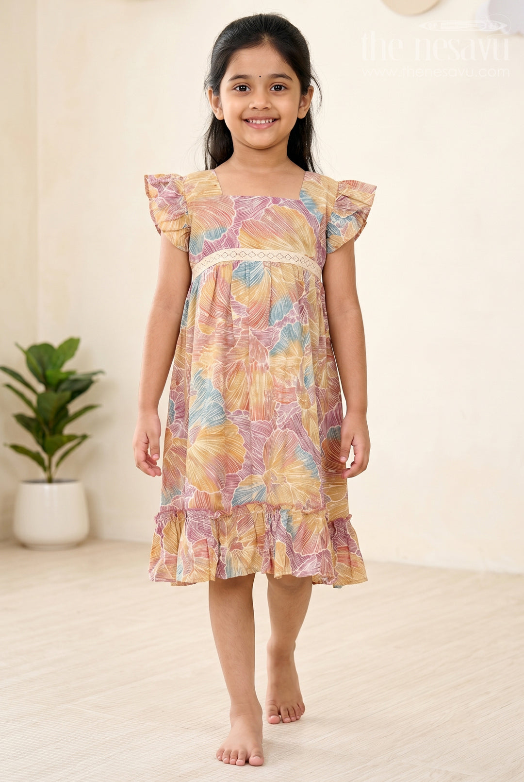 The Nesavu Girls Cotton Frock Organza Frock for Girls in Multicolor Leaf Pattern with Flared Design Nesavu 16 (1Y) / Multicolor GFC1588A-16 Multicolor Leaf Pattern Organza Frock Girls Ruffle Hem | The Nesavu
