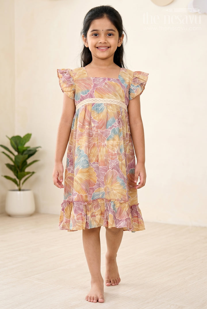 The Nesavu Girls Cotton Frock Organza Frock for Girls in Multicolor Leaf Pattern with Flared Design Nesavu 16 (1Y) / Multicolor GFC1588A-16 Multicolor Leaf Pattern Organza Frock Girls Ruffle Hem | The Nesavu