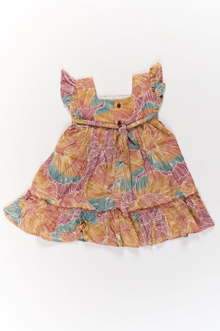 The Nesavu Girls Cotton Frock Organza Frock for Girls in Multicolor Leaf Pattern with Flared Design Nesavu Multicolor Leaf Pattern Organza Frock Girls Ruffle Hem | The Nesavu