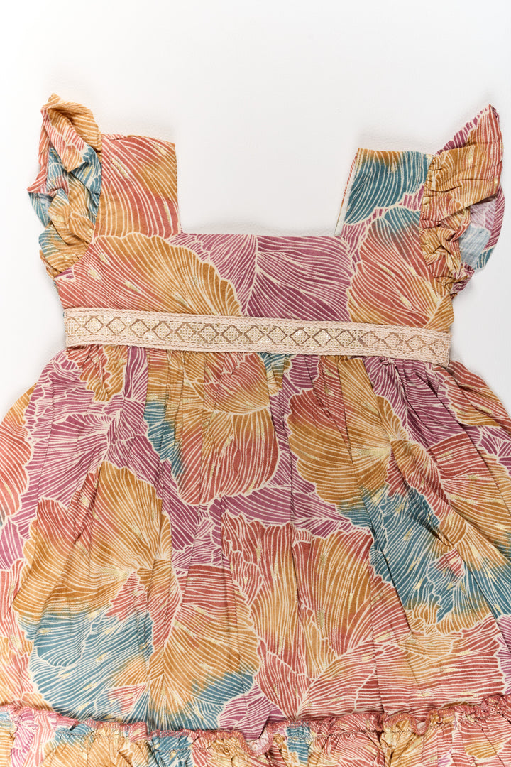 The Nesavu Girls Cotton Frock Organza Frock for Girls in Multicolor Leaf Pattern with Flared Design Nesavu Multicolor Leaf Pattern Organza Frock Girls Ruffle Hem | The Nesavu