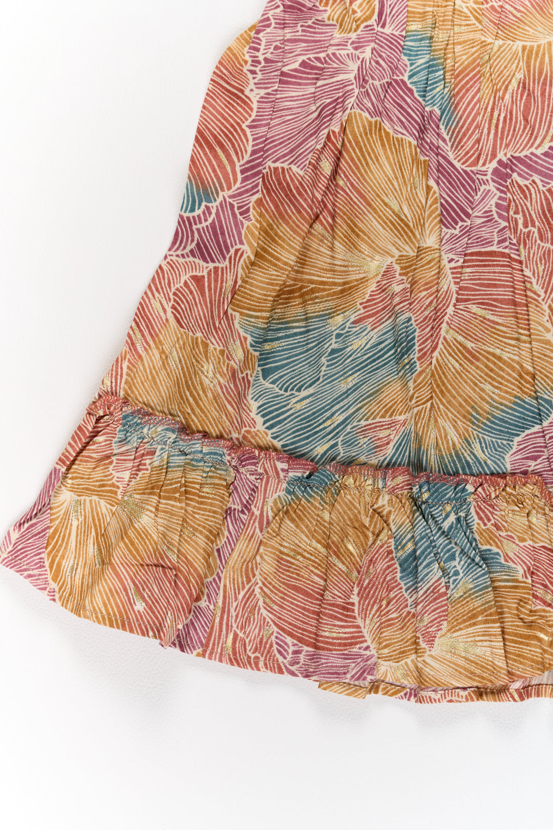 The Nesavu Girls Cotton Frock Organza Frock for Girls in Multicolor Leaf Pattern with Flared Design Nesavu Multicolor Leaf Pattern Organza Frock Girls Ruffle Hem | The Nesavu