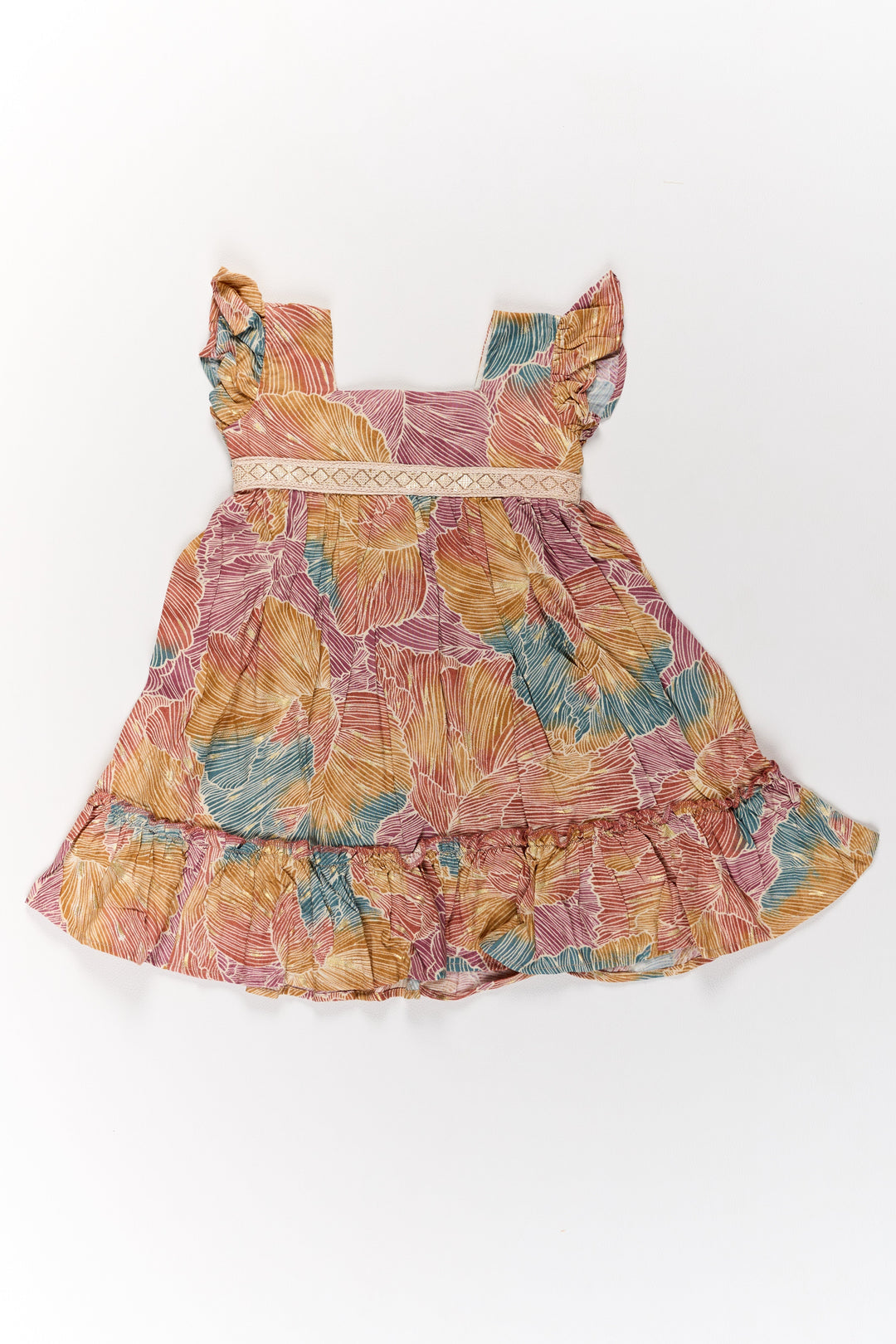 The Nesavu Girls Cotton Frock Organza Frock for Girls in Multicolor Leaf Pattern with Flared Design Nesavu Multicolor Leaf Pattern Organza Frock Girls Ruffle Hem | The Nesavu