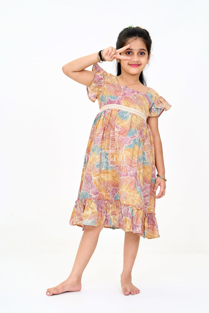 The Nesavu Girls Cotton Frock Organza Frock for Girls in Multicolor Leaf Pattern with Flared Design Nesavu Multicolor Leaf Pattern Organza Frock Girls Ruffle Hem | The Nesavu