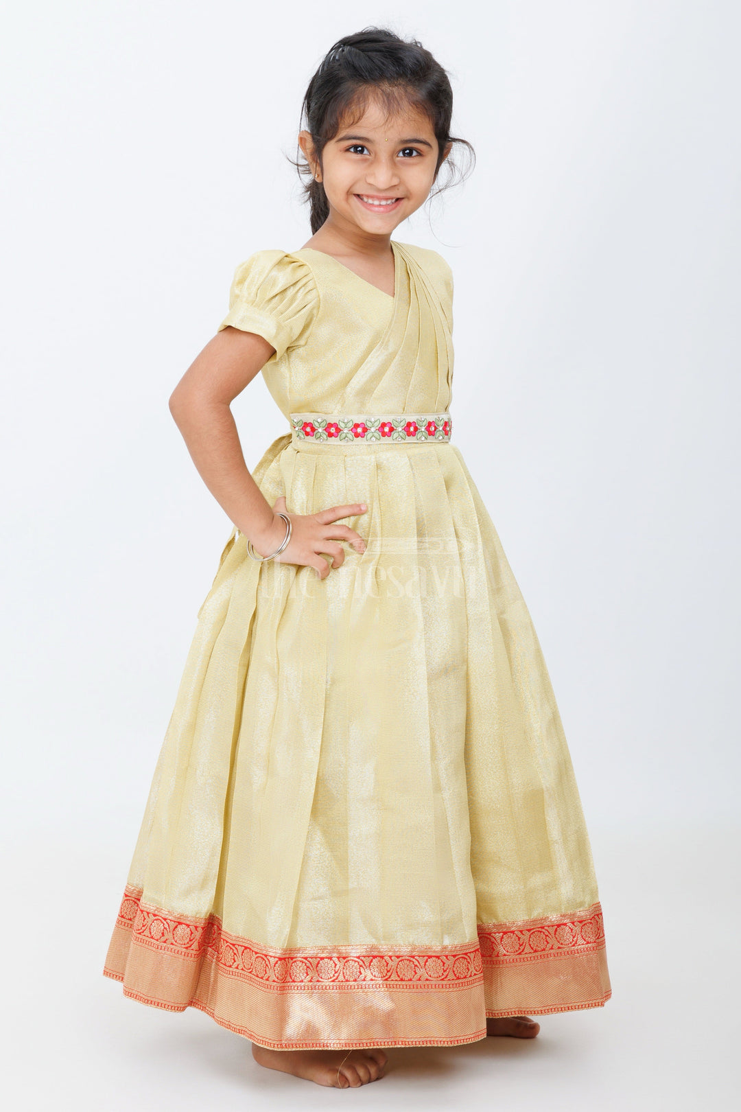 The Nesavu Girls Silk Gown Organza Gown for Girls in Tissue Silk with Classic Design and Floral Accents Nesavu Nesavu Organza Gown Girls Tissue Silk Elegant Floral Detailing