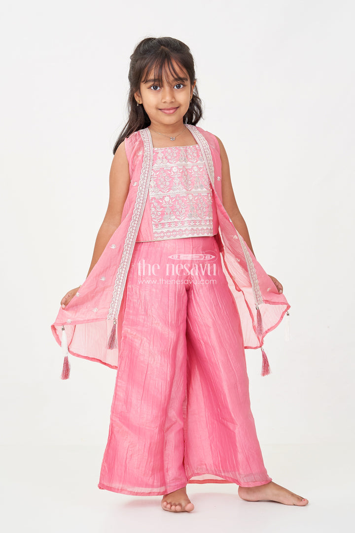 The Nesavu Girls Sharara / Plazo Set Organza Sharara Set for Girls with Sequence Embellished Jacket and Flared Palazzo Pants Nesavu 22 (4Y) / Peach GPS506B-22 Girls Organza Sharara Set Sequence Embellished Jacket Palazzo Pants Rose Pink | The Nesavu