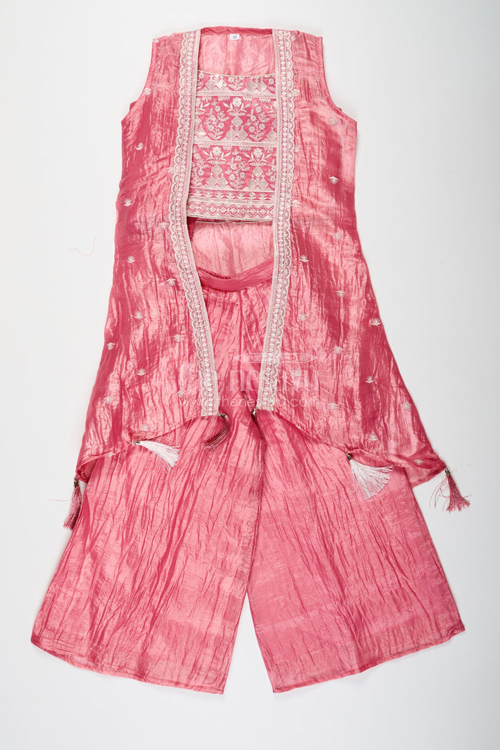 The Nesavu Girls Sharara / Plazo Set Organza Sharara Set for Girls with Sequence Embellished Jacket and Flared Palazzo Pants Nesavu Girls Organza Sharara Set Sequence Embellished Jacket Palazzo Pants Rose Pink | The Nesavu