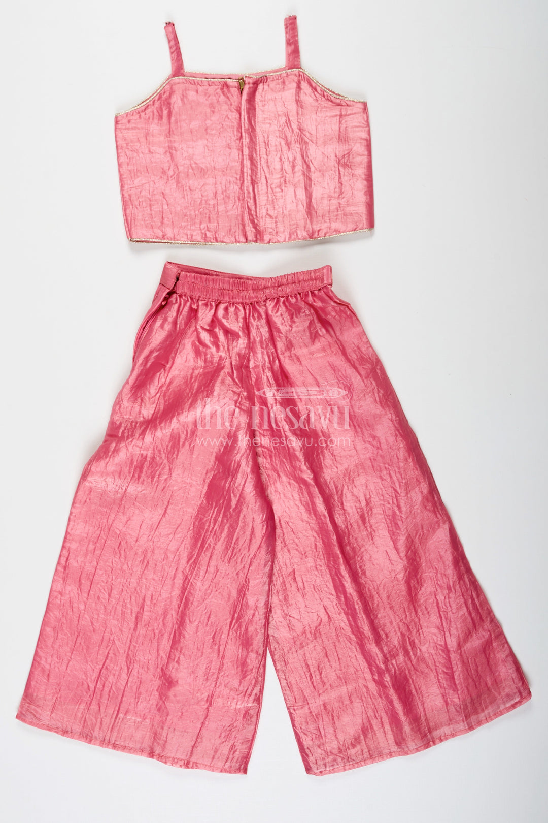 The Nesavu Girls Sharara / Plazo Set Organza Sharara Set for Girls with Sequence Embellished Jacket and Flared Palazzo Pants Nesavu Girls Organza Sharara Set Sequence Embellished Jacket Palazzo Pants Rose Pink | The Nesavu