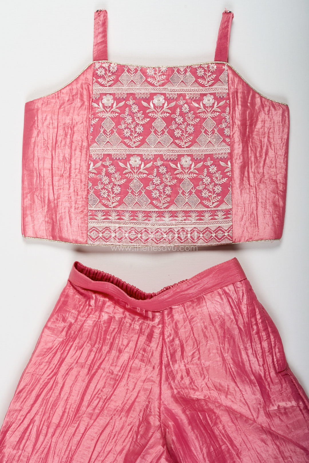 The Nesavu Girls Sharara / Plazo Set Organza Sharara Set for Girls with Sequence Embellished Jacket and Flared Palazzo Pants Nesavu Girls Organza Sharara Set Sequence Embellished Jacket Palazzo Pants Rose Pink | The Nesavu
