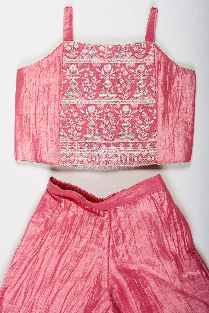 The Nesavu Girls Sharara / Plazo Set Organza Sharara Set for Girls with Sequence Embellished Jacket and Flared Palazzo Pants Nesavu Girls Organza Sharara Set Sequence Embellished Jacket Palazzo Pants Rose Pink | The Nesavu