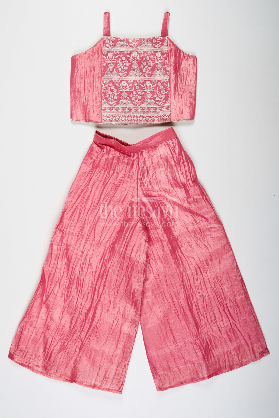 The Nesavu Girls Sharara / Plazo Set Organza Sharara Set for Girls with Sequence Embellished Jacket and Flared Palazzo Pants Nesavu Girls Organza Sharara Set Sequence Embellished Jacket Palazzo Pants Rose Pink | The Nesavu