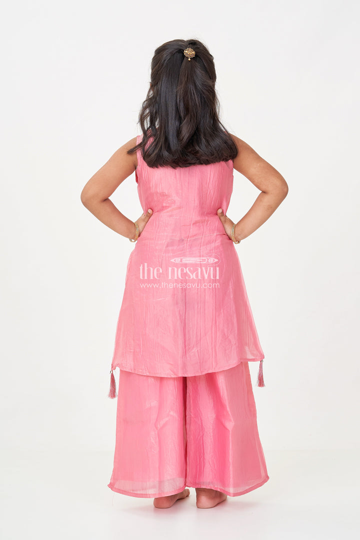 The Nesavu Girls Sharara / Plazo Set Organza Sharara Set for Girls with Sequence Embellished Jacket and Flared Palazzo Pants Nesavu Girls Organza Sharara Set Sequence Embellished Jacket Palazzo Pants Rose Pink | The Nesavu
