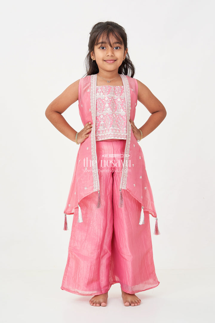 The Nesavu Girls Sharara / Plazo Set Organza Sharara Set for Girls with Sequence Embellished Jacket and Flared Palazzo Pants Nesavu Girls Organza Sharara Set Sequence Embellished Jacket Palazzo Pants Rose Pink | The Nesavu