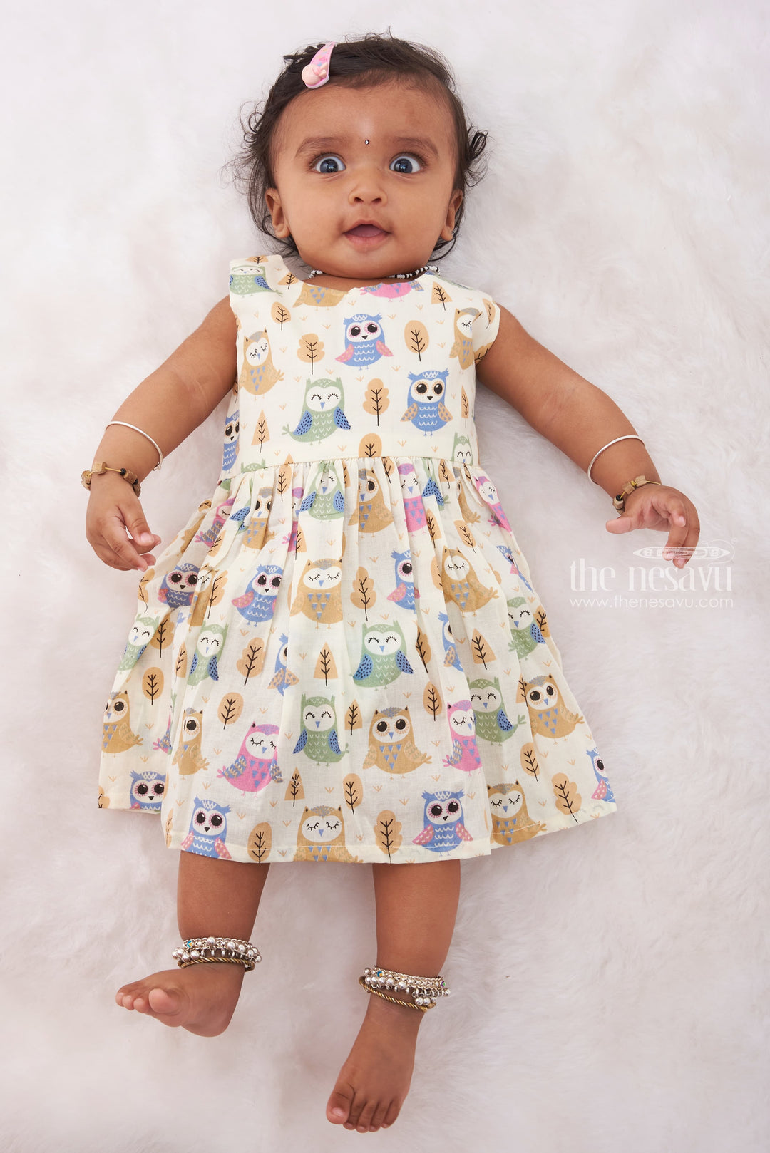 The Nesavu Baby Cotton Frocks Owl Whimsy: Playful Owl-Printed Baby Cotton Frock Nesavu 12 (3M) / White / Cotton BFJ488A-12 Organic Cotton Baby Dresses | Soft and Cute Outfits for Newborn Girls | The Nesavu