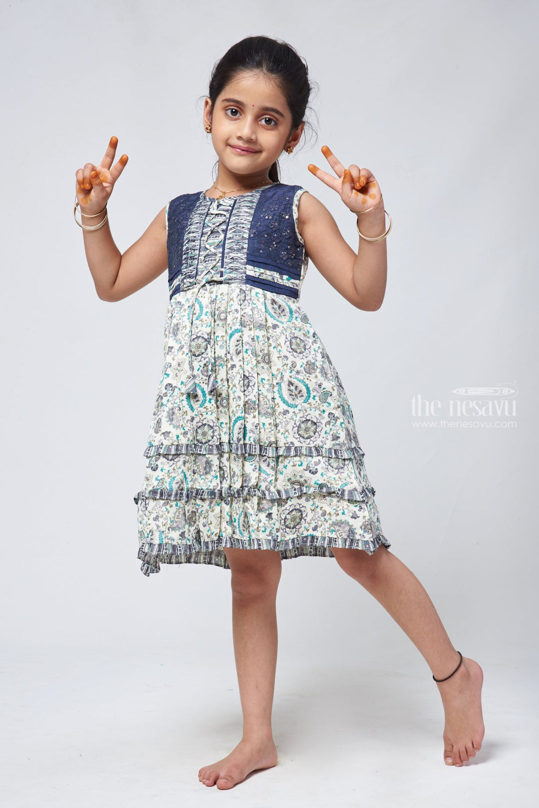 The Nesavu Girls Cotton Frock Paisley Half White Cotton Frock - Stylish Embroidered Girls Dress Nesavu Normal Cotton Frock | Latest Cotton Long Frocks | The Nesavu