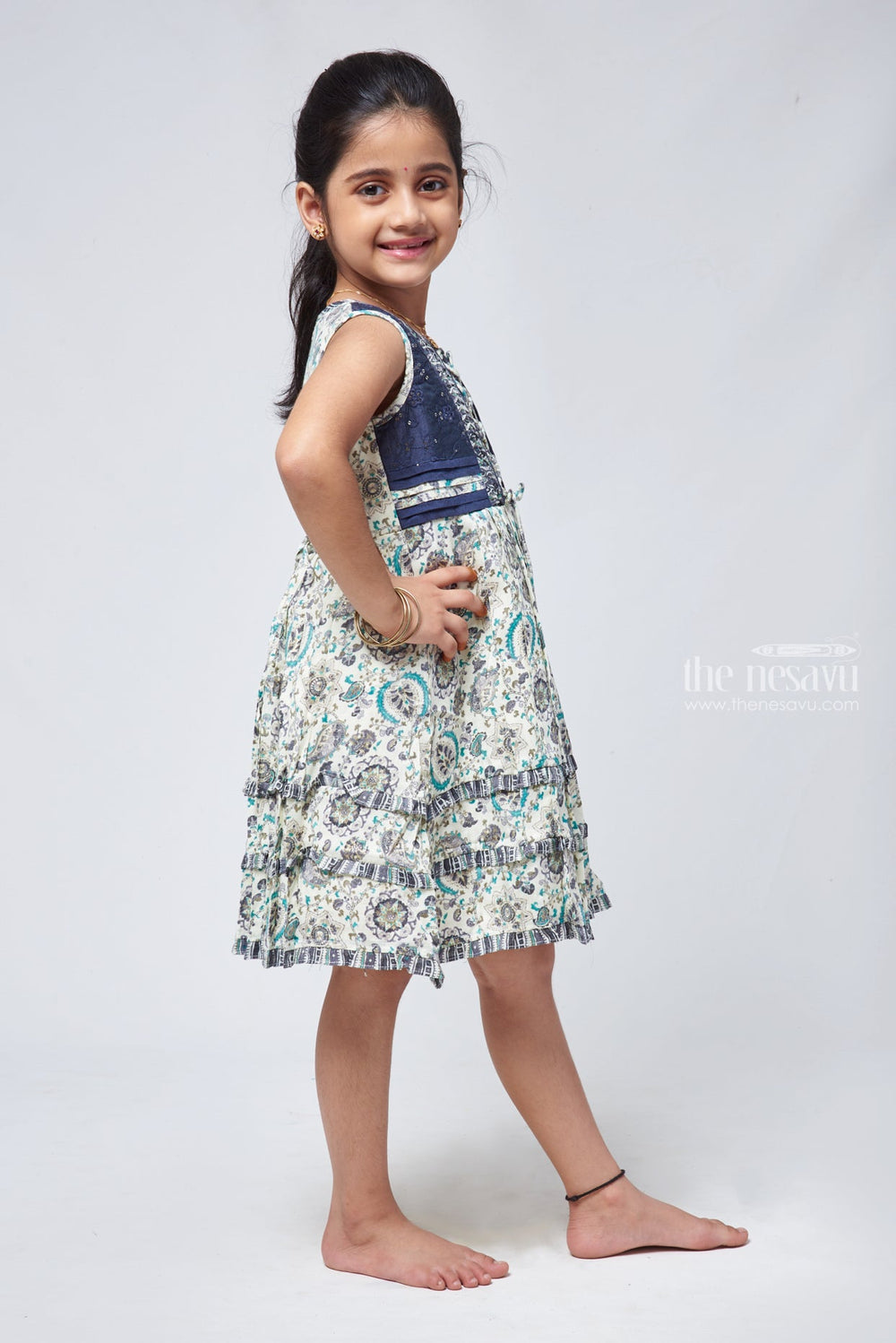 The Nesavu Girls Cotton Frock Paisley Half White Cotton Frock - Stylish Embroidered Girls Dress Nesavu Normal Cotton Frock | Latest Cotton Long Frocks | The Nesavu