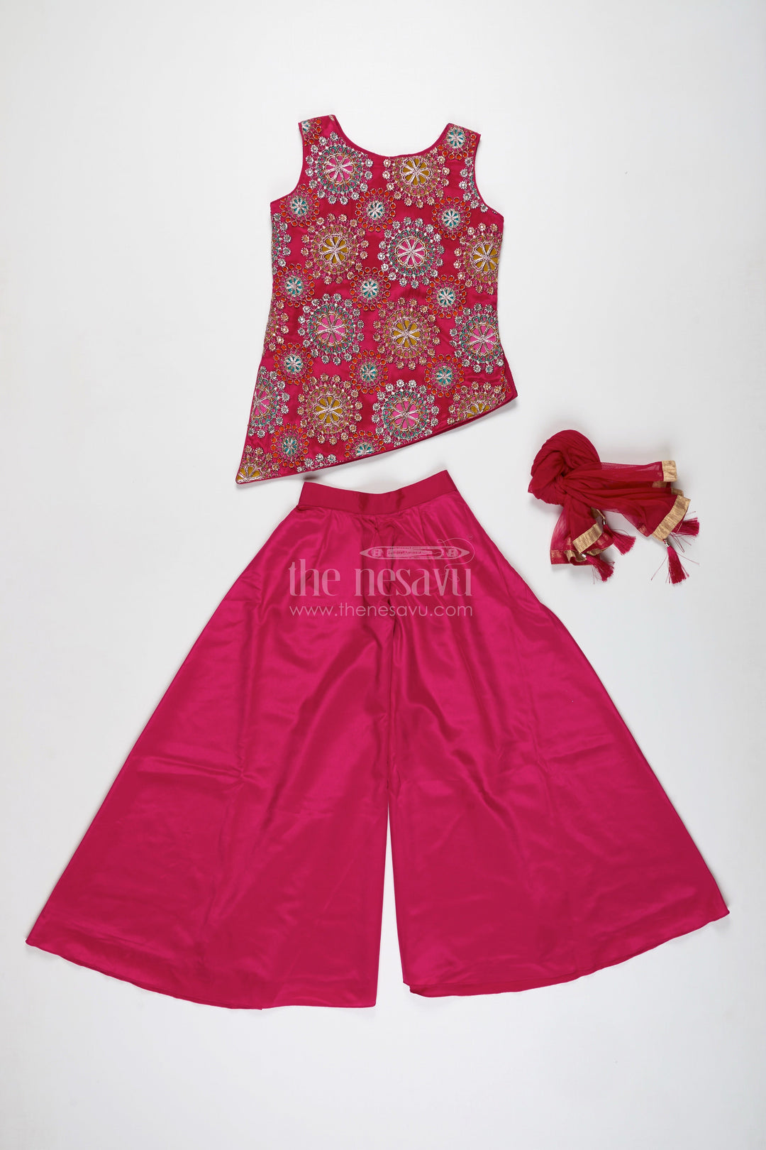 The Nesavu Girls Sharara / Plazo Set Palazzo Dress for Girls Festive Ethnic Party Outfit Nesavu Nesavu Pink Palazzo Ethnic Dress Girls Viscose Silk Designer Embroidery Parties Functions