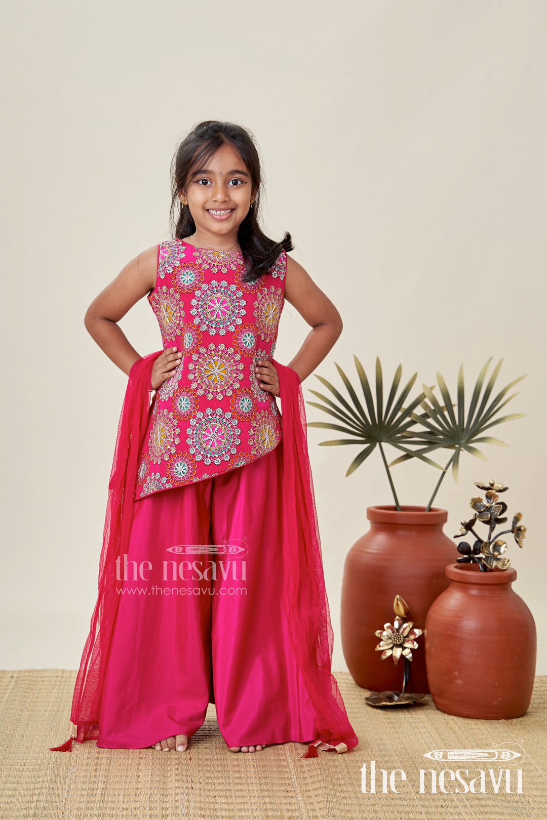 The Nesavu Girls Sharara / Plazo Set Palazzo Dress for Girls Festive Ethnic Party Outfit Nesavu Nesavu Pink Palazzo Ethnic Dress Girls Viscose Silk Designer Embroidery Parties Functions