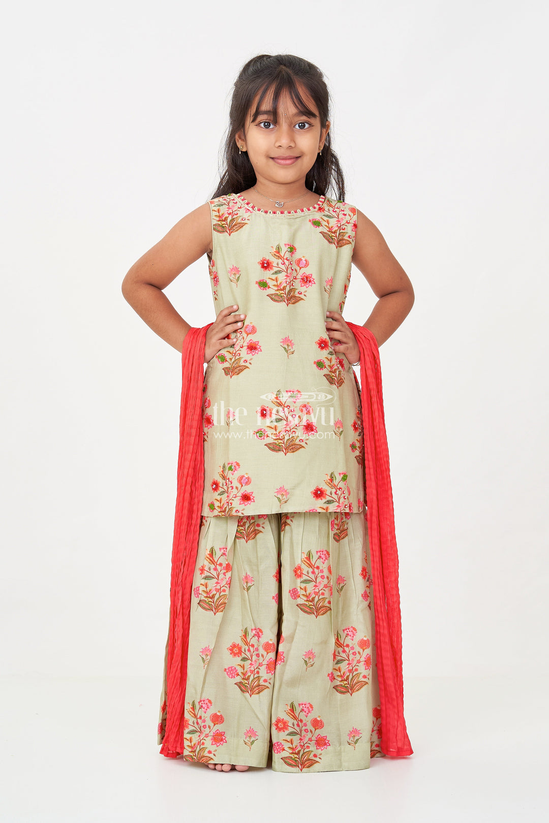 The Nesavu Girls Sharara / Plazo Set Palazzo Set with Coat for Girls in Floral Digital Print Viscose Silk Featuring Flared Bottoms and Dupatta Nesavu 16 (1Y) / Green GPS590B-16 Palazzo Set with Coat for Girls in Floral Viscose Silk with Flared Pants and Festive Dupatta | The Nesavu