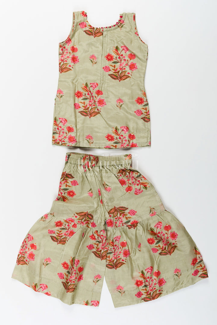 The Nesavu Girls Sharara / Plazo Set Palazzo Set with Coat for Girls in Floral Digital Print Viscose Silk Featuring Flared Bottoms and Dupatta Nesavu Palazzo Set with Coat for Girls in Floral Viscose Silk with Flared Pants and Festive Dupatta | The Nesavu