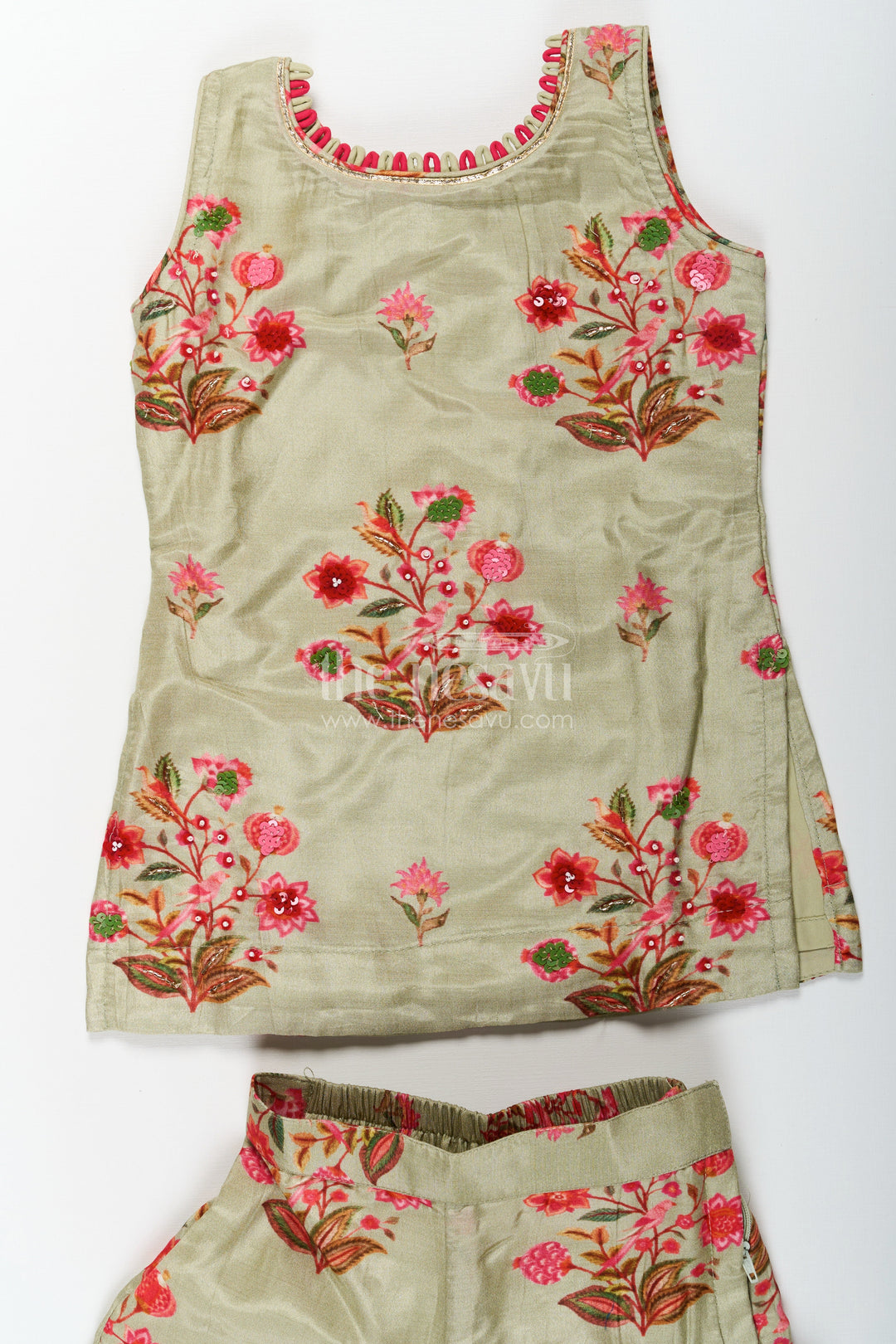 The Nesavu Girls Sharara / Plazo Set Palazzo Set with Coat for Girls in Floral Digital Print Viscose Silk Featuring Flared Bottoms and Dupatta Nesavu Palazzo Set with Coat for Girls in Floral Viscose Silk with Flared Pants and Festive Dupatta | The Nesavu