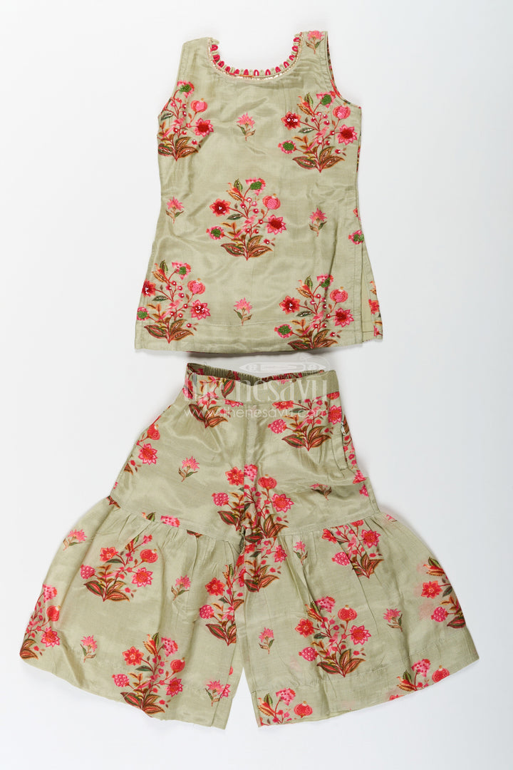 The Nesavu Girls Sharara / Plazo Set Palazzo Set with Coat for Girls in Floral Digital Print Viscose Silk Featuring Flared Bottoms and Dupatta Nesavu Palazzo Set with Coat for Girls in Floral Viscose Silk with Flared Pants and Festive Dupatta | The Nesavu