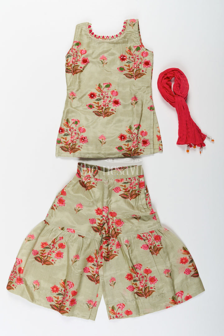 The Nesavu Girls Sharara / Plazo Set Palazzo Set with Coat for Girls in Floral Digital Print Viscose Silk Featuring Flared Bottoms and Dupatta Nesavu Palazzo Set with Coat for Girls in Floral Viscose Silk with Flared Pants and Festive Dupatta | The Nesavu