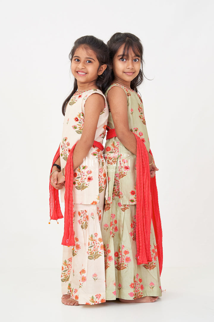 The Nesavu Girls Sharara / Plazo Set Palazzo Set with Coat for Girls in Floral Digital Print Viscose Silk Featuring Flared Bottoms and Dupatta Nesavu Palazzo Set with Coat for Girls in Floral Viscose Silk with Flared Pants and Festive Dupatta | The Nesavu