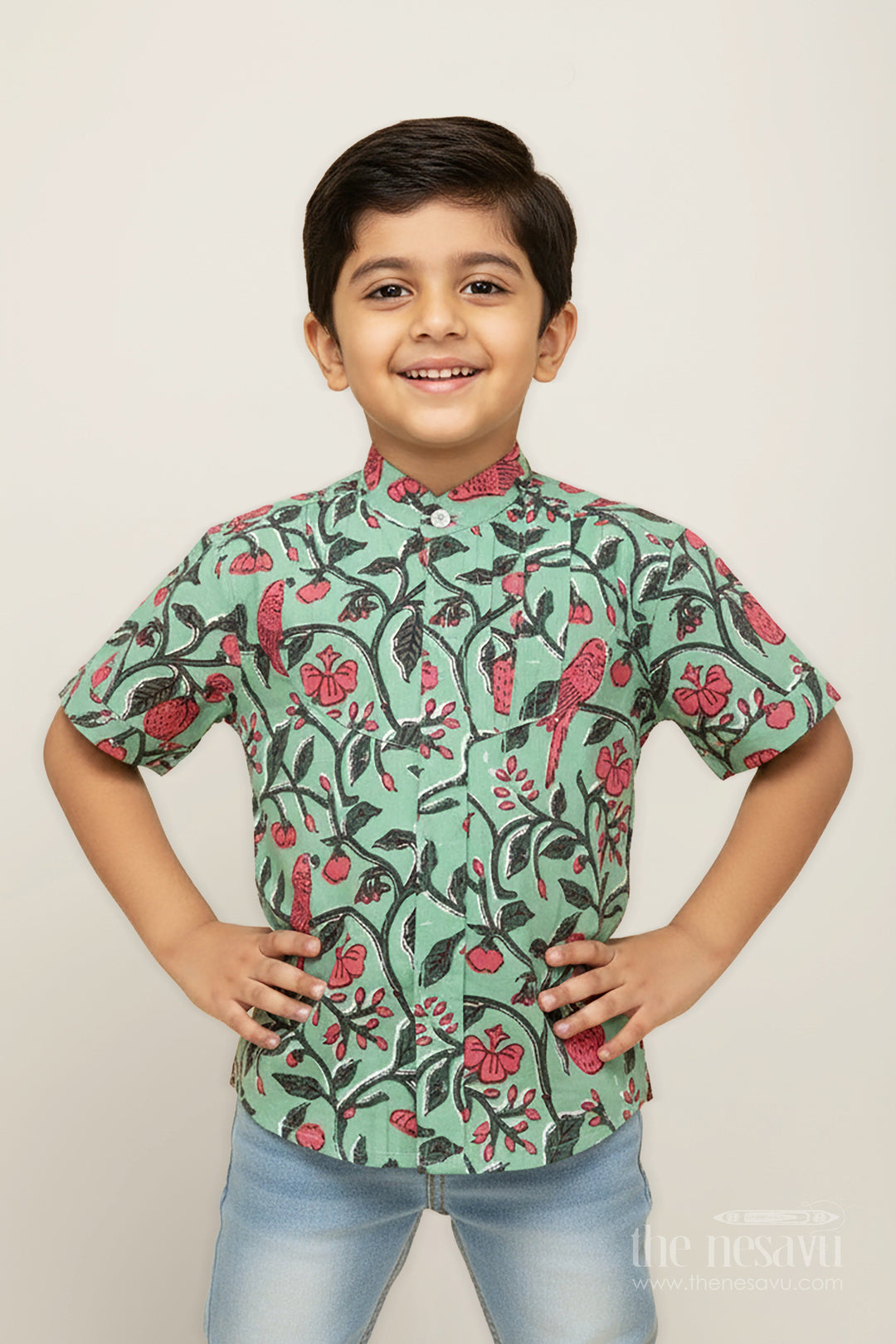 The Nesavu Boys Cotton Shirt Parrot and Botanical Print Boys Cotton Shirt Natureinspired Green Casual Wear Nesavu 16 (1Y) / Green BS276A-16 Nesavu Nature Inspired Green Cotton Shirt Boys Parrot Leaf Print Design Summer Days